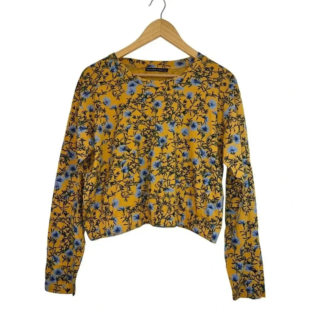 Abercrombie & Fitch sz LARGE yellow floral crop top long sleeve shirt NWT - Picture 2 of 6